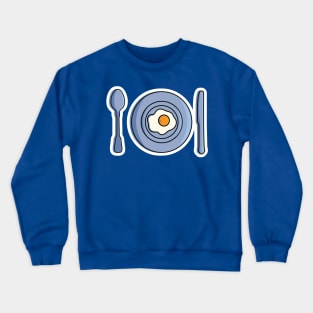 Fried Egg in Plate with Spoon and Knife vector illustration. Breakfast food icon concept. Plate, Spoon and Knife up view on blue background vector design. Crewneck Sweatshirt